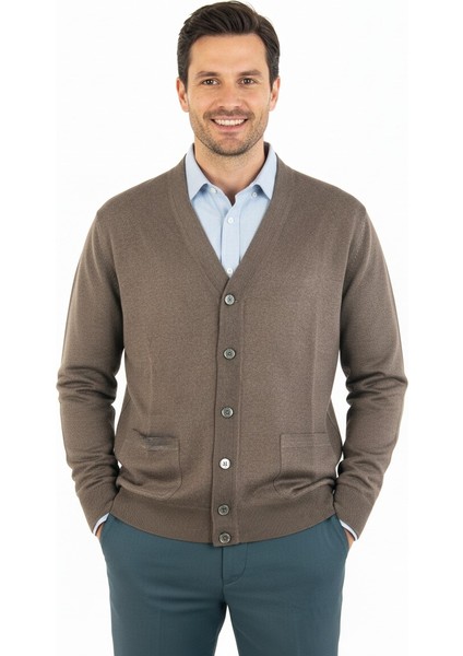 Erkek V Yakalı Düğmeli Uzun Kollu Çift Cepli Klasik Model Rahat Kesim Tam Kalıp Yünlü Dokuma Hırka fırsatları