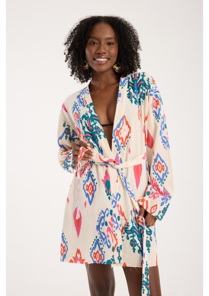 Kadın Günlük Bohem Tarz Renkli Desenli İspanyol Kol %100 Doğal Pamuk Şile Bezi Kimono