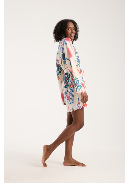Kadın Günlük Bohem Tarz Renkli Desenli İspanyol Kol %100 Doğal Pamuk Şile Bezi Kimono fırsatları
