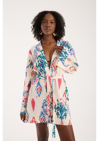 Kadın Günlük Bohem Tarz Renkli Desenli İspanyol Kol %100 Doğal Pamuk Şile Bezi Kimono indirimleri