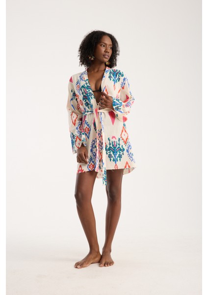 Kadın Günlük Bohem Tarz Renkli Desenli İspanyol Kol %100 Doğal Pamuk Şile Bezi Kimono