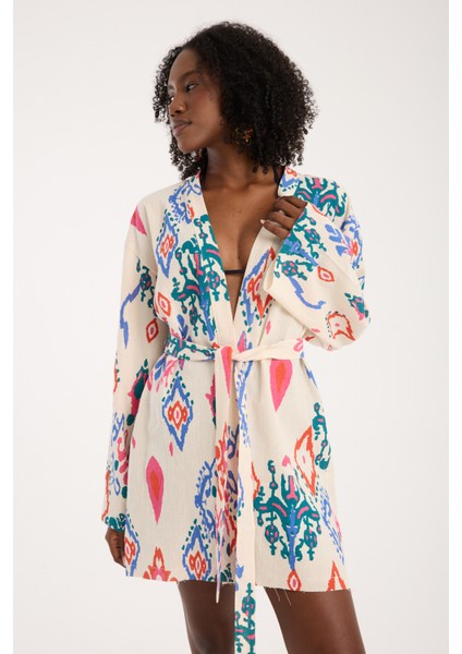 Kadın Günlük Bohem Tarz Renkli Desenli İspanyol Kol %100 Doğal Pamuk Şile Bezi Kimono