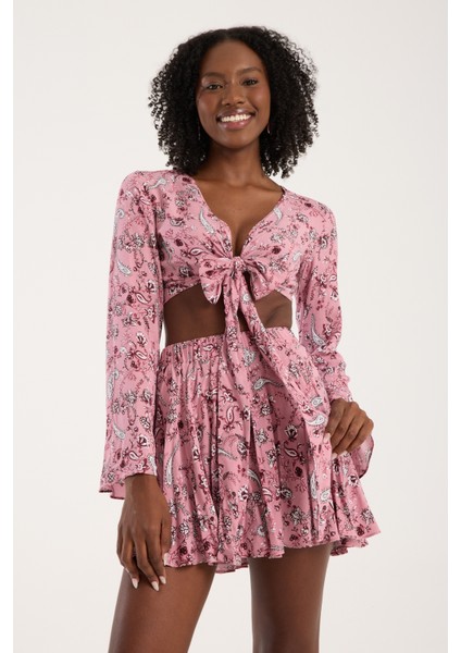 Pembe Şal Desenli Viskon Bağlamalı Crop Kadın Günlük Bohem Tarz