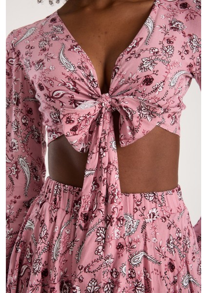 Pembe Şal Desenli Viskon Bağlamalı Crop Kadın Günlük Bohem Tarz fiyatları