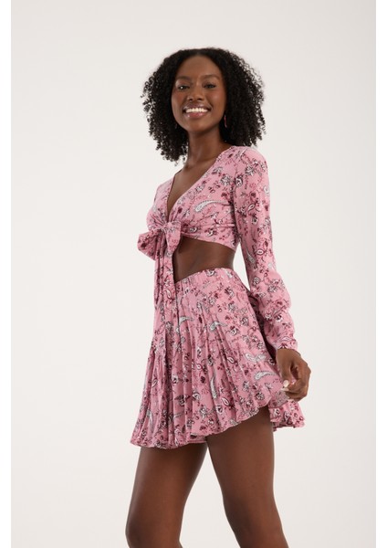 Pembe Şal Desenli Viskon Bağlamalı Crop Kadın Günlük Bohem Tarz modelleri