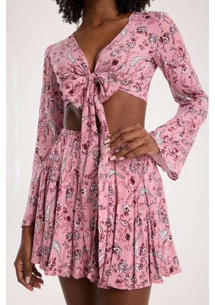 Pembe Şal Desenli Viskon Bağlamalı Crop Kadın Günlük Bohem Tarz indirimleri