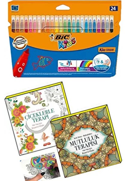 Mandala Terapi Büyükler Için Boyama Seti - 2 Kitap ve 24'lü Keçeli Kalem Seti