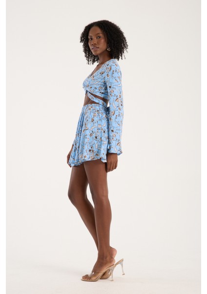 Mavi Şal Desenli Viskon BağlamalıKadın Günlük Bohem Tarz Crop fiyatları