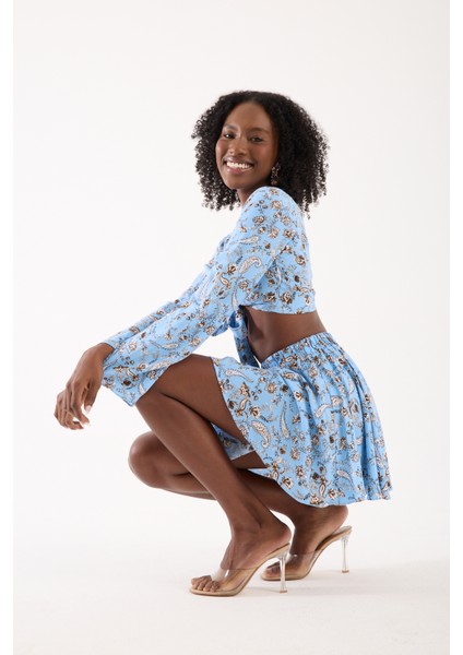 Mavi Şal Desenli Viskon BağlamalıKadın Günlük Bohem Tarz Crop modelleri