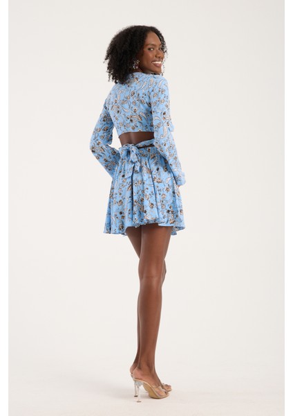 Mavi Şal Desenli Viskon BağlamalıKadın Günlük Bohem Tarz Crop fırsatları