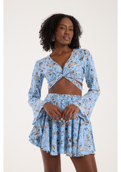 Mavi Şal Desenli Viskon BağlamalıKadın Günlük Bohem Tarz Crop indirimleri