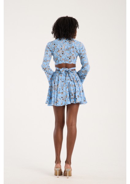 Mavi Şal Desenli Viskon BağlamalıKadın Günlük Bohem Tarz Crop