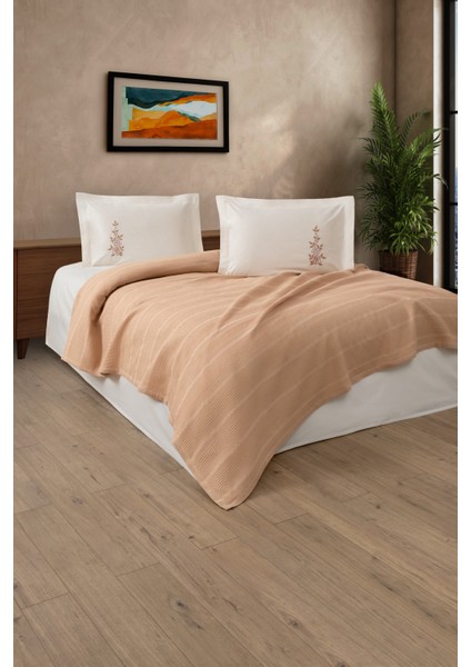 Tek Kişilik 3 Parça Nakışlı Waffle Dokuma Pike Takımı-Hediyelik Petekli Pike Legacy-Kapuçino