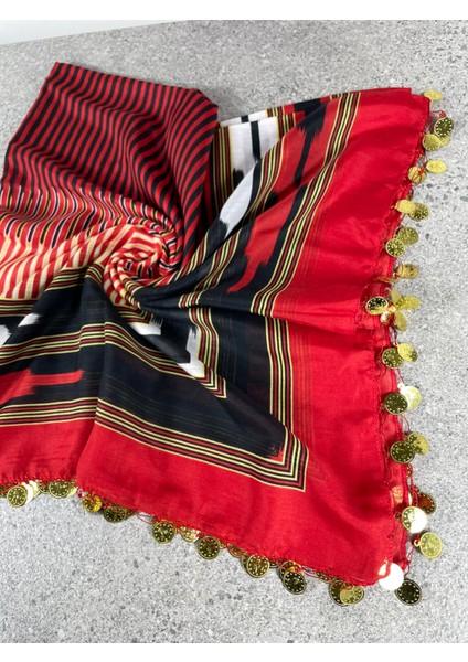 Karadeniz Yazması Kırmızı Siyah Çizgili Sarı Pullu Başörtüsü – 100x100 cm