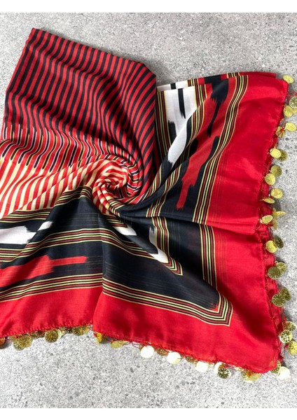 Karadeniz Yazması Kırmızı Siyah Çizgili Sarı Pullu Başörtüsü – 100x100 cm fiyatları