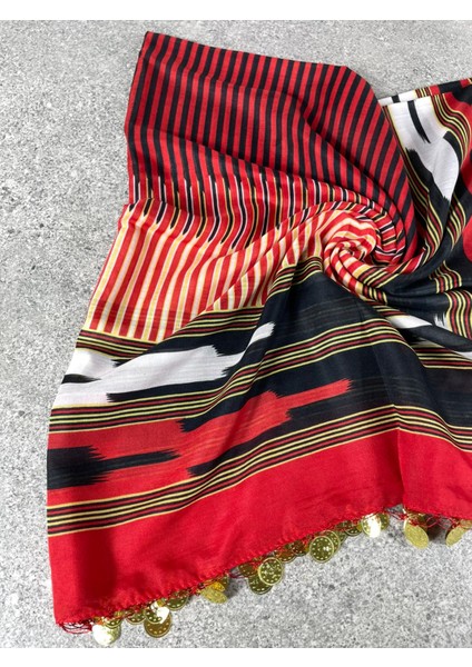 Karadeniz Yazması Kırmızı Siyah Çizgili Sarı Pullu Başörtüsü – 100x100 cm modelleri