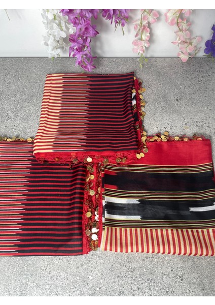 Karadeniz Yazması Kırmızı Siyah Çizgili Sarı Pullu Başörtüsü – 100x100 cm fırsatları