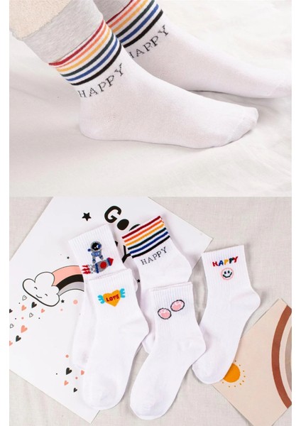 Unisex 6 Çift Tenis Çorabı Erkek Tenis Çorabı Kadın Tenis Çorabı Happy Beyaz Tenis Çorabı 38-44