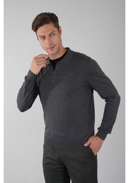 Polo Yaka Fermuar Detaylı Antrasit Erkek Yün Triko TR23KNOS23211_D58