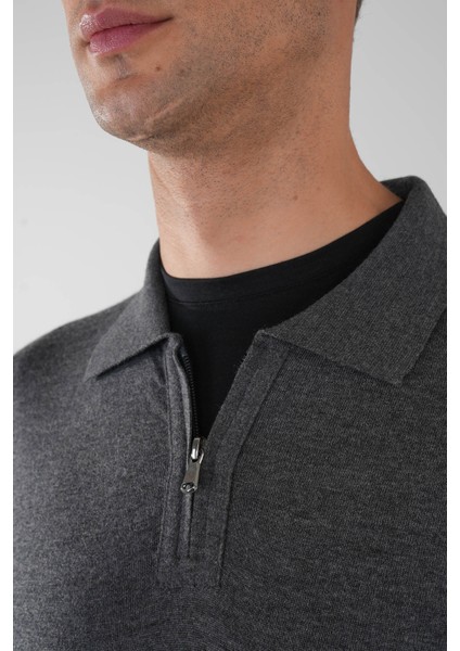 Polo Yaka Fermuar Detaylı Antrasit Erkek Yün Triko TR23KNOS23211_D58 modelleri