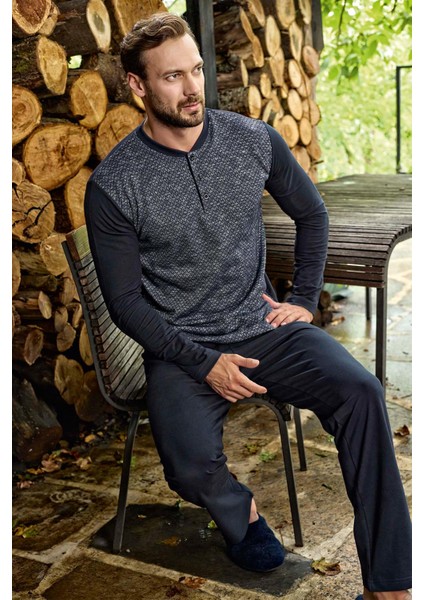 Erkek Tekin Jakarlı Kışlık Lacivert Pijama Takım 3391