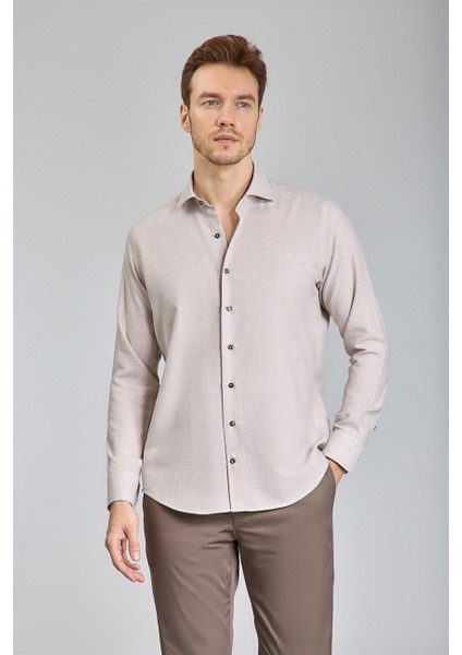 Regular Fit İtalyan Yaka Bej Pamuk Erkek Gömlek GMFLN0222303221_D07