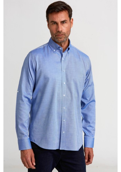 Regular Fit Paşa Yaka Düğmeli İndigo Pamuk Erkek Gömlek GMOK3PS22400001_D66