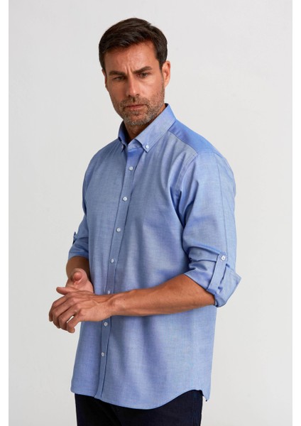 Regular Fit Paşa Yaka Düğmeli İndigo Pamuk Erkek Gömlek GMOK3PS22400001_D66 modelleri