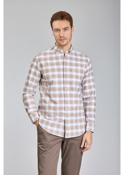 Modern Fit Yarım Italyan Düğmeli Yaka Bej Spor Erkek Gömlek GMEKS0122300215_D07