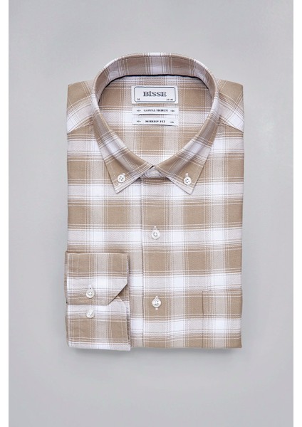 Modern Fit Yarım Italyan Düğmeli Yaka Bej Spor Erkek Gömlek GMEKS0122300215_D07 modelleri