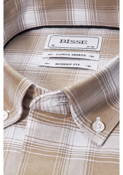 Modern Fit Yarım Italyan Düğmeli Yaka Bej Spor Erkek Gömlek GMEKS0122300215_D07 fırsatları