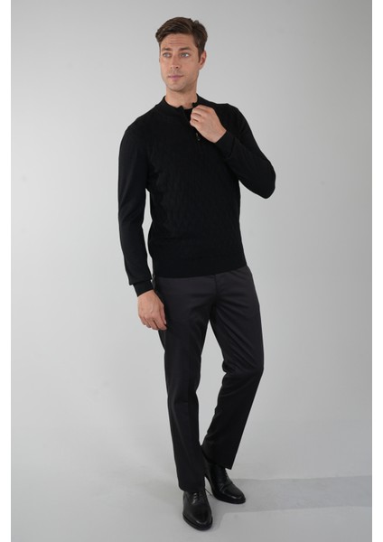 Siyah Yarım Balıkçı Yaka Fermuar Detaylı Jakarlı Erkek Triko TR23K23208_D99 indirimleri