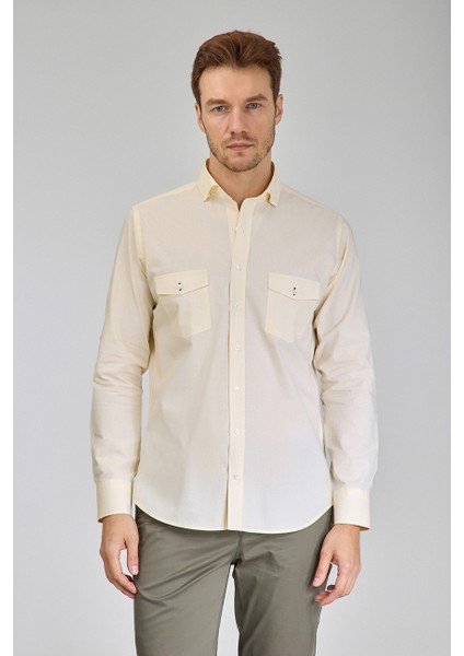 Regular Fit Yaka Düğmeli Sarı Pamuk Erkek Gömlek GMOKA1224003_D17