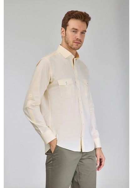 Regular Fit Yaka Düğmeli Sarı Pamuk Erkek Gömlek GMOKA1224003_D17 indirimleri