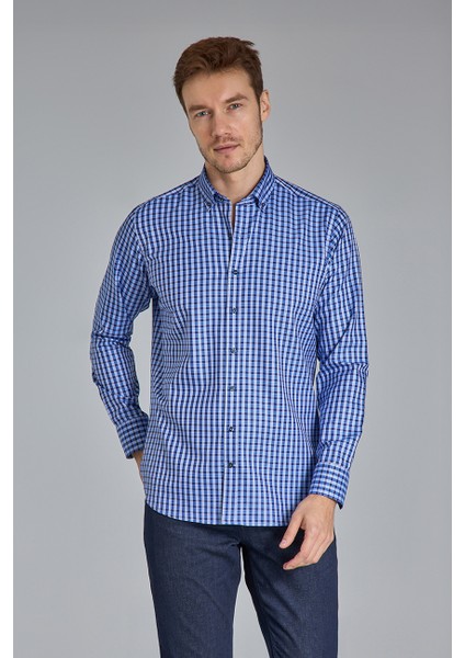 Regular Fit Paşa Yaka Kare Desenli Lacivert Pamuk Erkek Gömlek GMEKS4KPS242070_E39