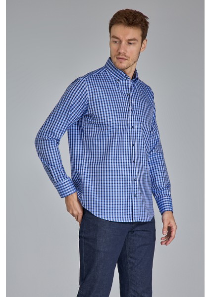 Regular Fit Paşa Yaka Kare Desenli Lacivert Pamuk Erkek Gömlek GMEKS4KPS242070_E39 fiyatları
