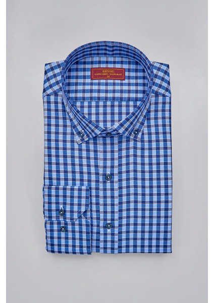 Regular Fit Paşa Yaka Kare Desenli Lacivert Pamuk Erkek Gömlek GMEKS4KPS242070_E39 modelleri