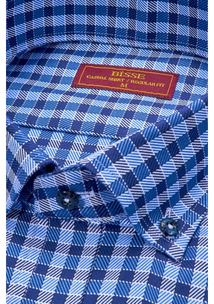 Regular Fit Paşa Yaka Kare Desenli Lacivert Pamuk Erkek Gömlek GMEKS4KPS242070_E39 fırsatları