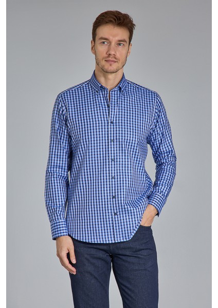Regular Fit Paşa Yaka Kare Desenli Lacivert Pamuk Erkek Gömlek GMEKS4KPS242070_E39 indirimleri
