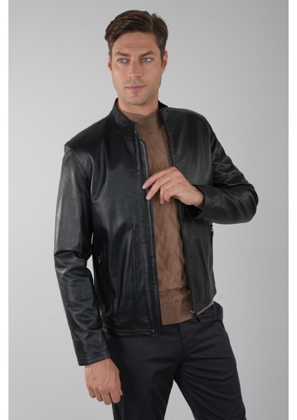 Erkek Siyah Gerçek Deri Ceket DM24K24002_D99