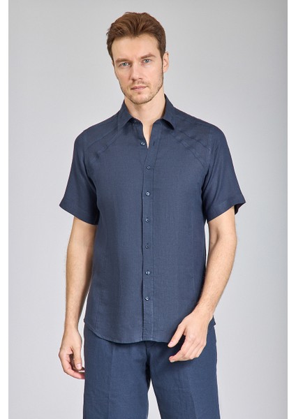 Regular Fit Birit Yaka Lacivert Keten Erkek Gömlek GMKTNA1224013_E39
