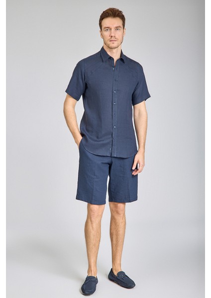 Regular Fit Birit Yaka Lacivert Keten Erkek Gömlek GMKTNA1224013_E39 fiyatları