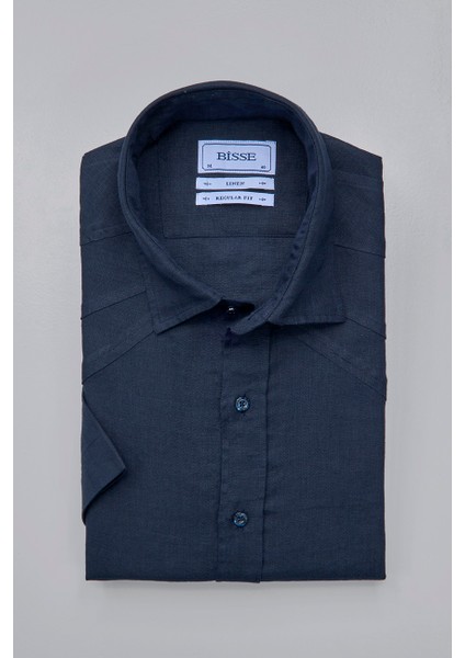 Regular Fit Birit Yaka Lacivert Keten Erkek Gömlek GMKTNA1224013_E39 modelleri