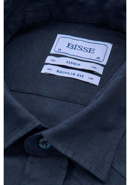 Regular Fit Birit Yaka Lacivert Keten Erkek Gömlek GMKTNA1224013_E39 fırsatları