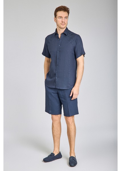 Regular Fit Birit Yaka Lacivert Keten Erkek Gömlek GMKTNA1224013_E39 indirimleri