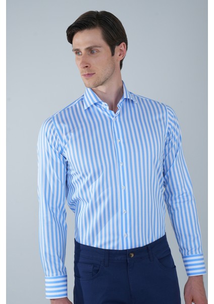 Uzun Kol İtalyan Yaka Cepsiz Mavi Pamuk Erkek Gömlek GMCZG250023_D35