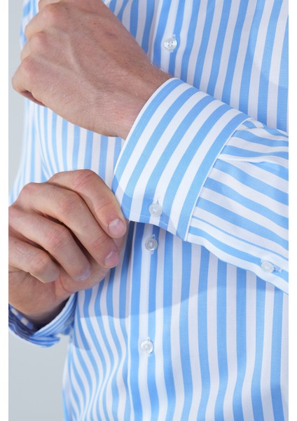 Uzun Kol İtalyan Yaka Cepsiz Mavi Pamuk Erkek Gömlek GMCZG250023_D35 fırsatları