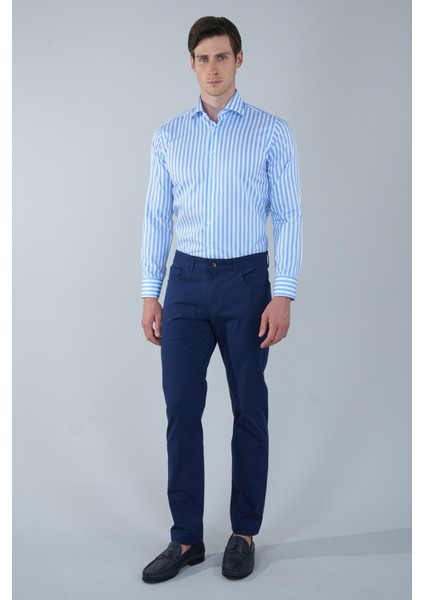 Uzun Kol İtalyan Yaka Cepsiz Mavi Pamuk Erkek Gömlek GMCZG250023_D35 indirimleri