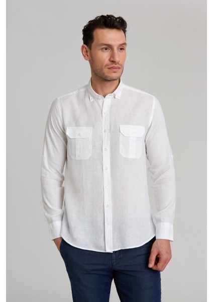 Regular Fit Uzun Kollu Paşa Yaka Kol İçi Apoletli Beyaz Spor Erkek Gömlek GM23Y231131_D01