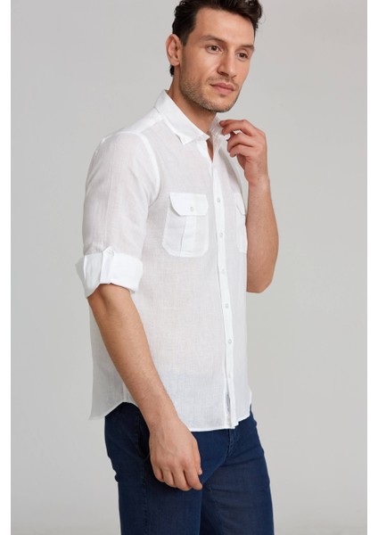 Regular Fit Uzun Kollu Paşa Yaka Kol İçi Apoletli Beyaz Spor Erkek Gömlek GM23Y231131_D01 modelleri